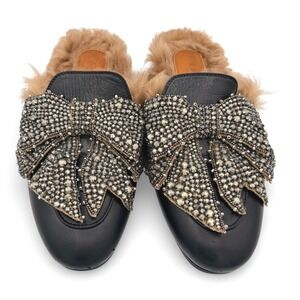Gucci Princetown Lamb Leather Crystal‎ Bow 37 COA Black Fur Lined Mules Slides